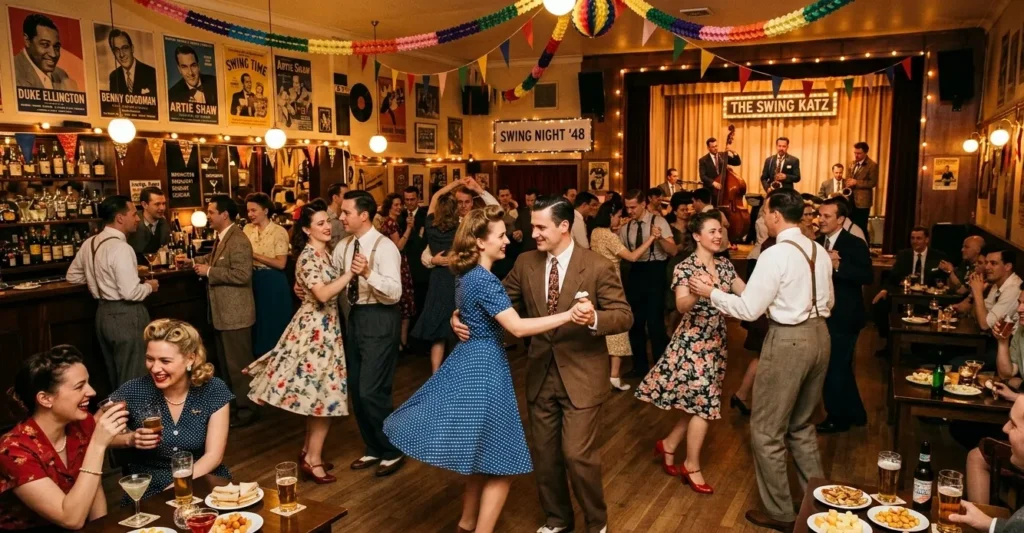 Swingend jaren 40 feest met dansvloer, stijlvolle vintage kleding, slingers en gasten die dansen op swingmuziek.