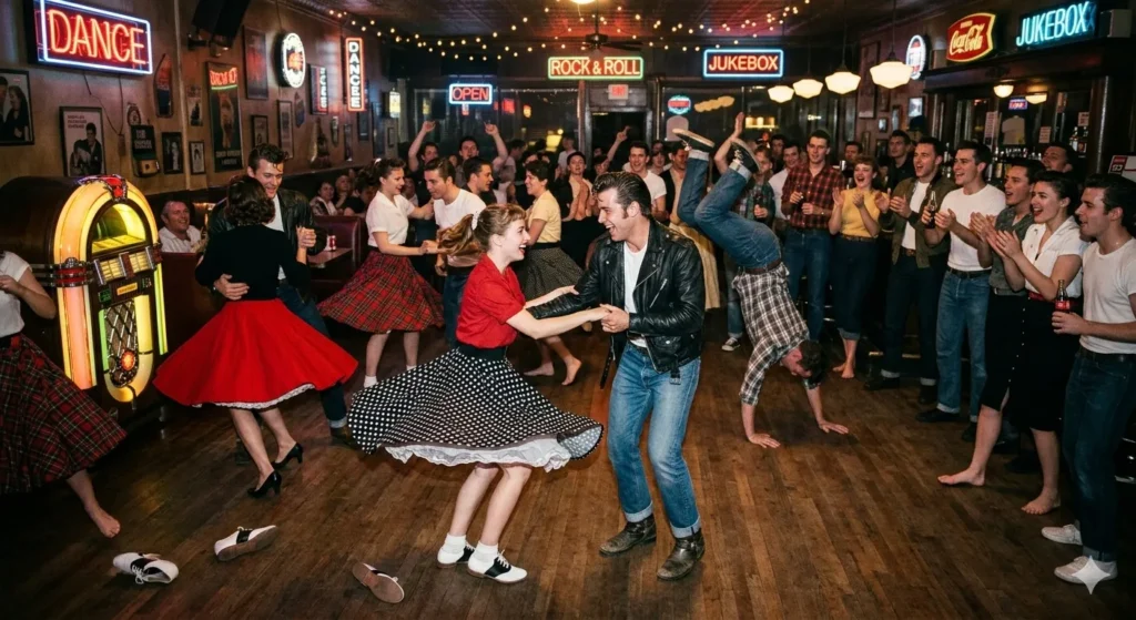 Afbeelding van een feest aan het einde van de jaren 50.