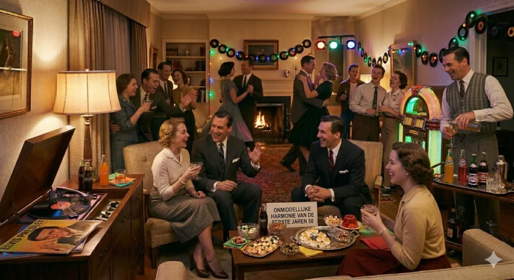 Afbeelding van een feest dat plaats vindt in het midden van de jaren 50. 