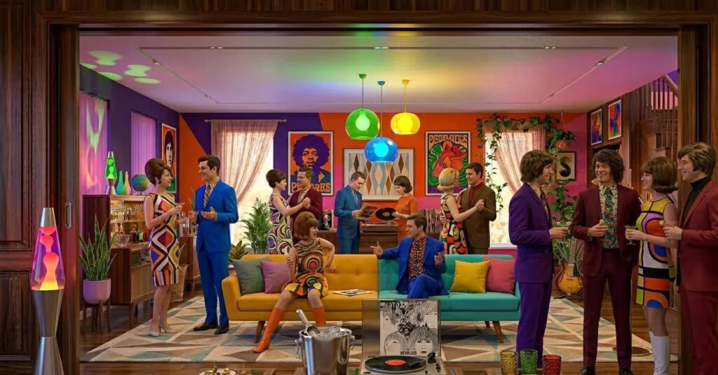 Feest in kleurrijke jaren 60 woonkamer midden decennium