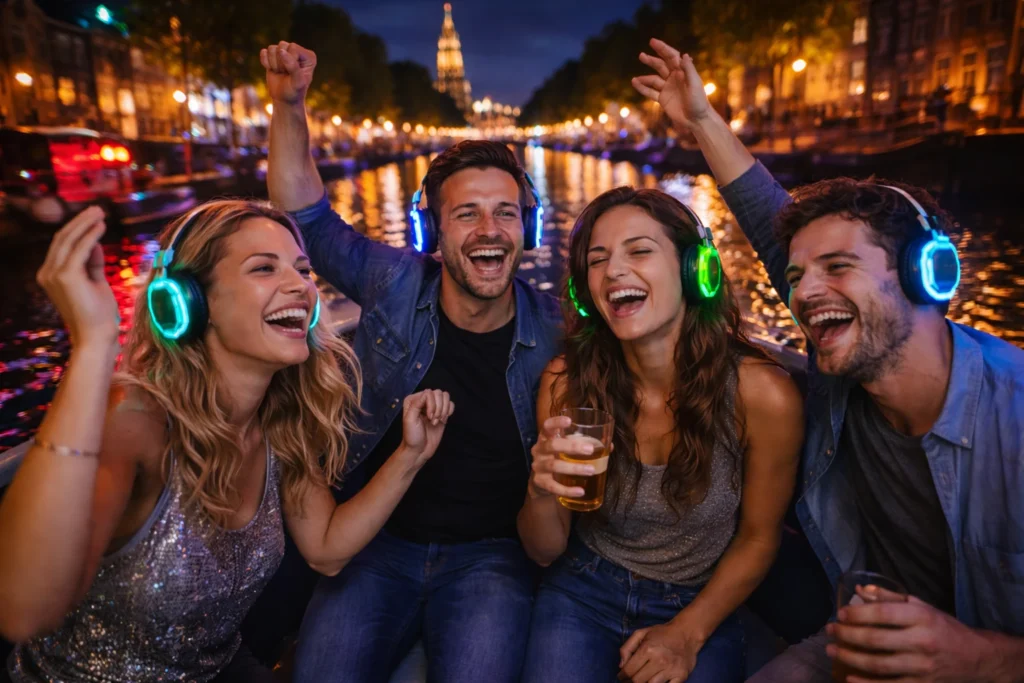 Vriendengroep met silent disco koptelefoons op een boot tijdens een vrijgezellenfeest in Amsterdam