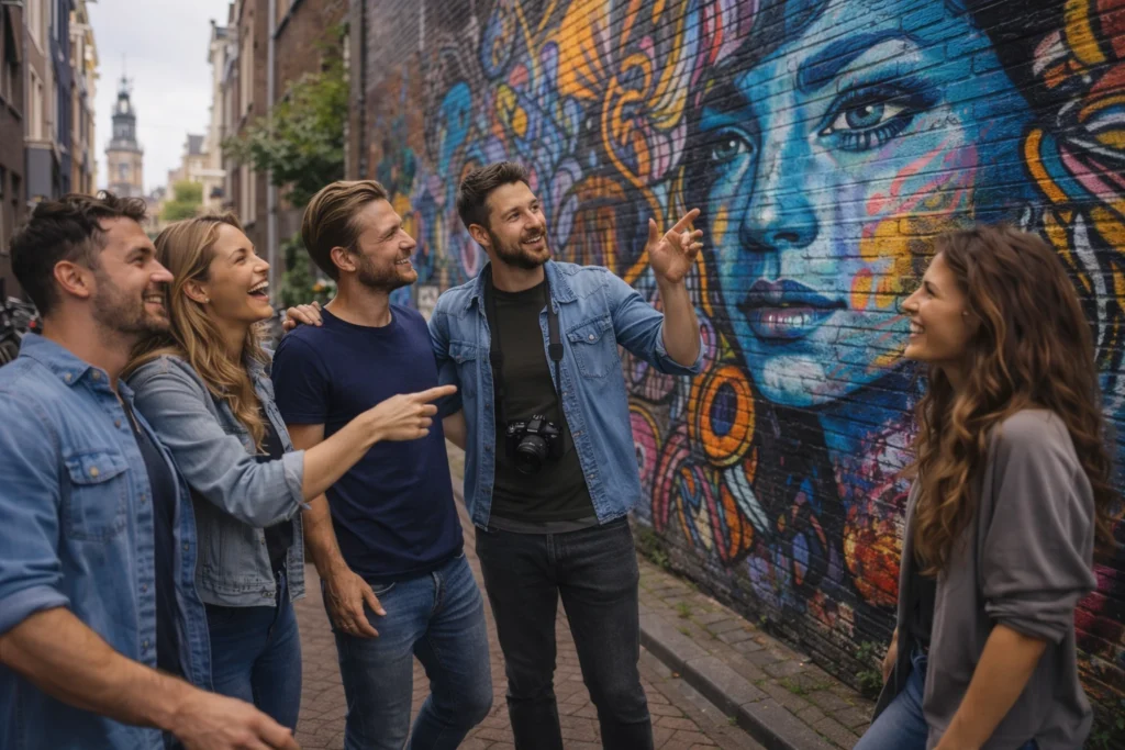 Vriendengroep ontdekt street art tijdens een vrijgezellenfeest tour in de Jordaan in Amsterdam