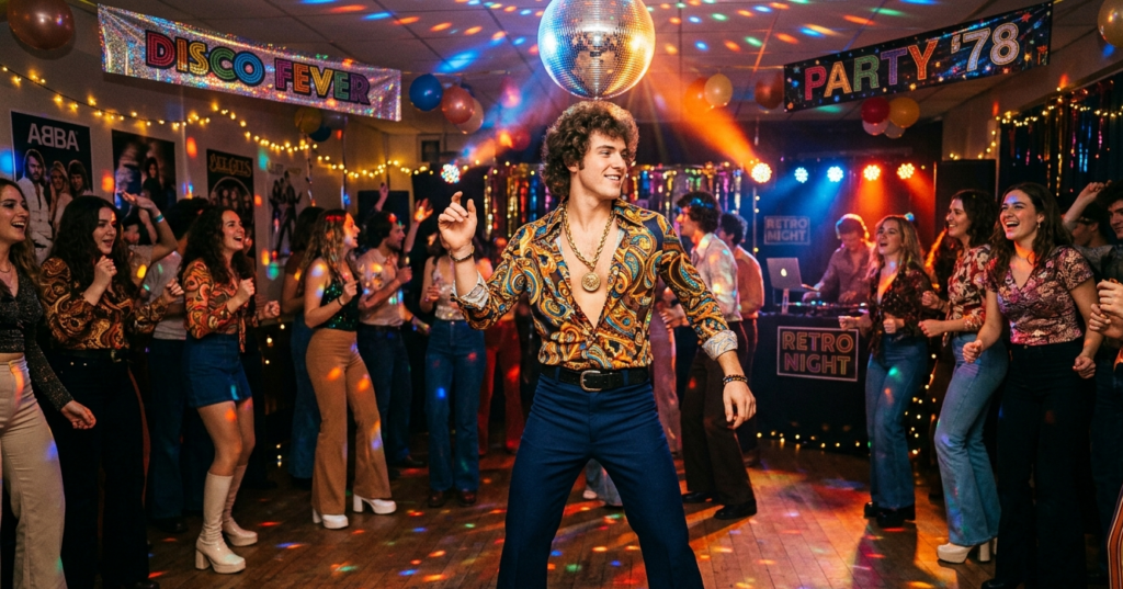 Man in jaren 70 disco outfit tijdens huisfeest organiseren als student