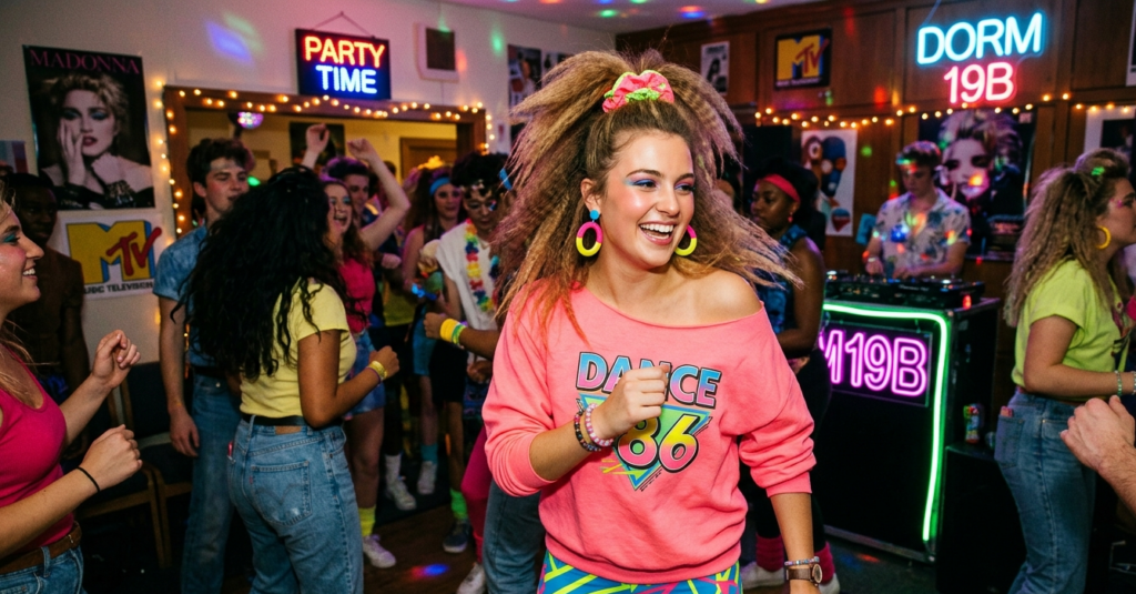Vrouw in jaren 80 outfit op studentenkamer feest tijdens themafeest voor studenten