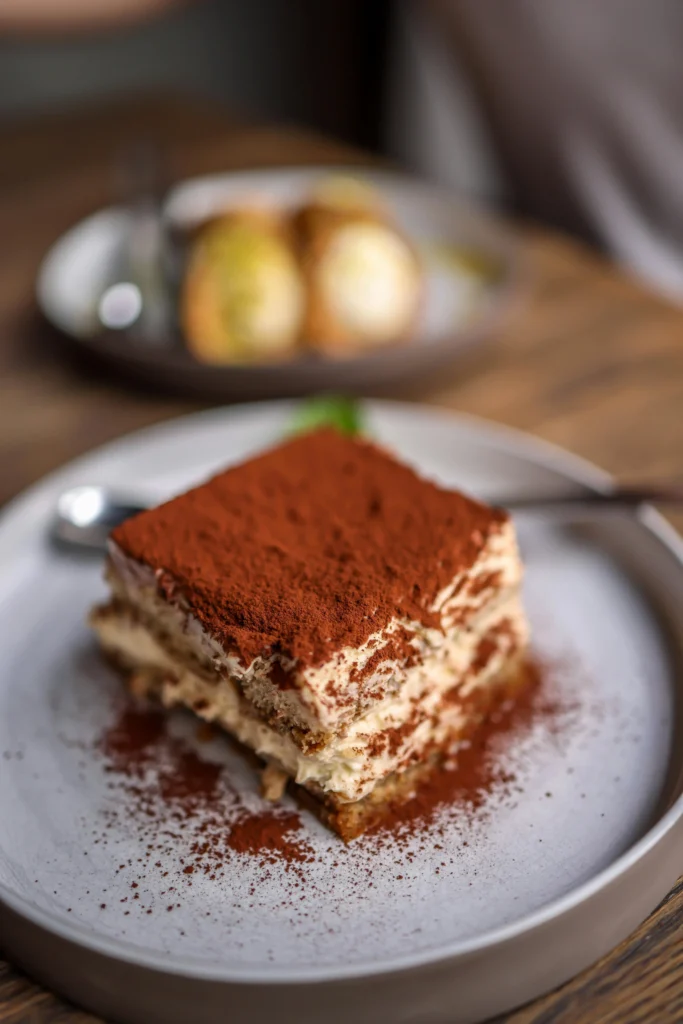 Vierkant stuk tiramisu op bordje, populair dessert jaren 70