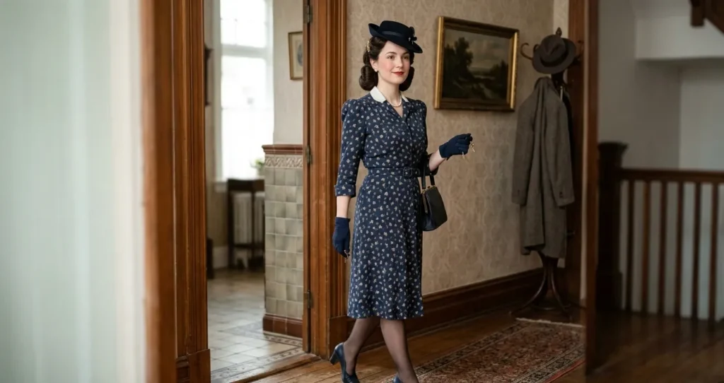 Vrouw in vroege jaren 40 jurk met geaccentueerde schouders en vintage kapsel.