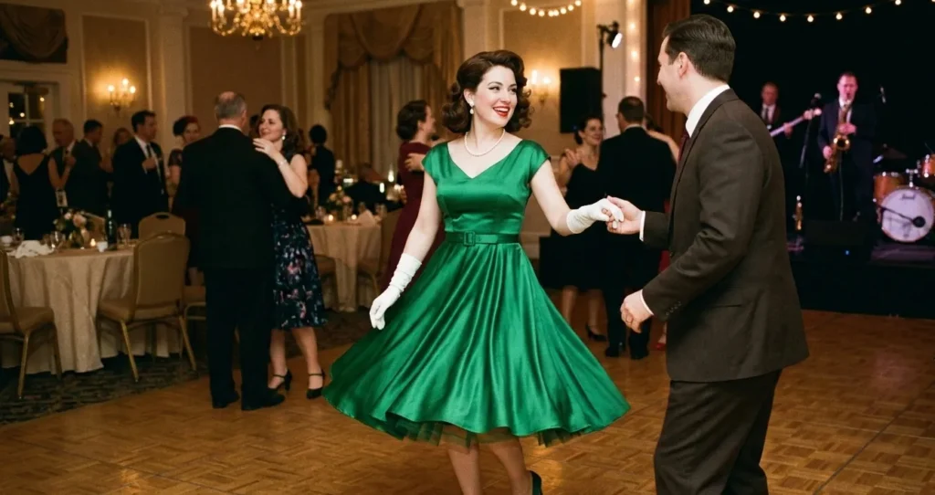 Vrouw in elegante late jaren 40 jurk met vintage kapsel en rode lippenstift.