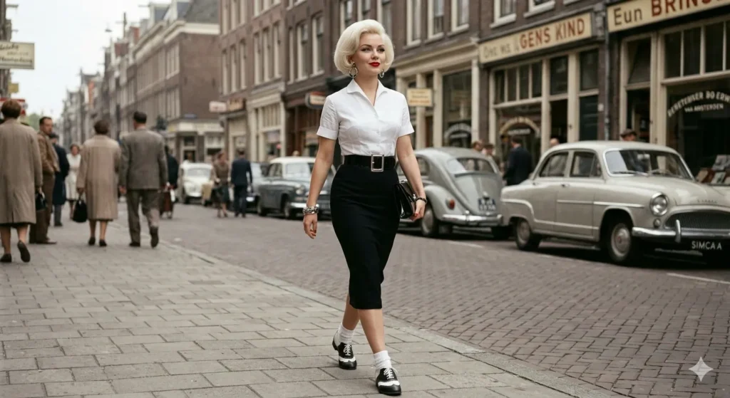 Afbeelding van een vrouw met een kokerrok met een aansluitende blouse, net zoals populair was aan het einde van de jaren 50. 