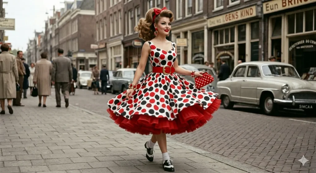 Afbeelding van een vrouw met een zwierige jurk met een opvallende print, net zoals populair was aan het einde van de jaren 50. 