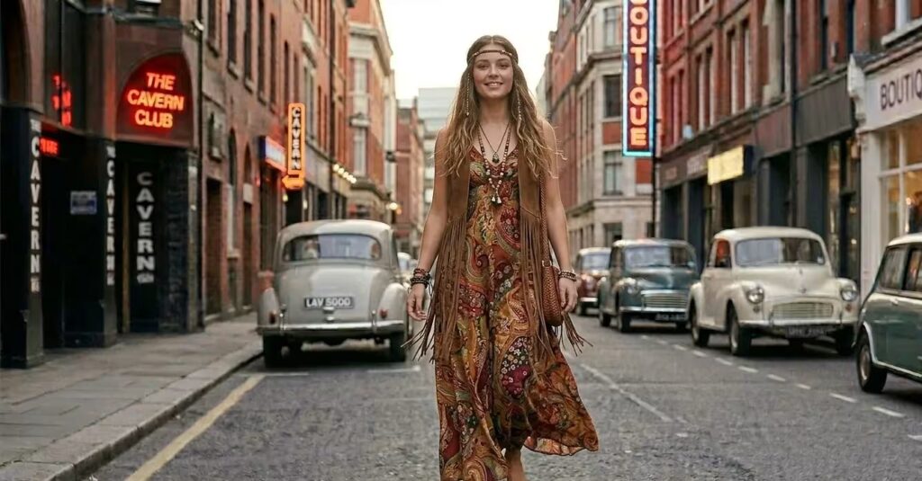 Vrouw in maxi jurk jaren 60 eind decennium