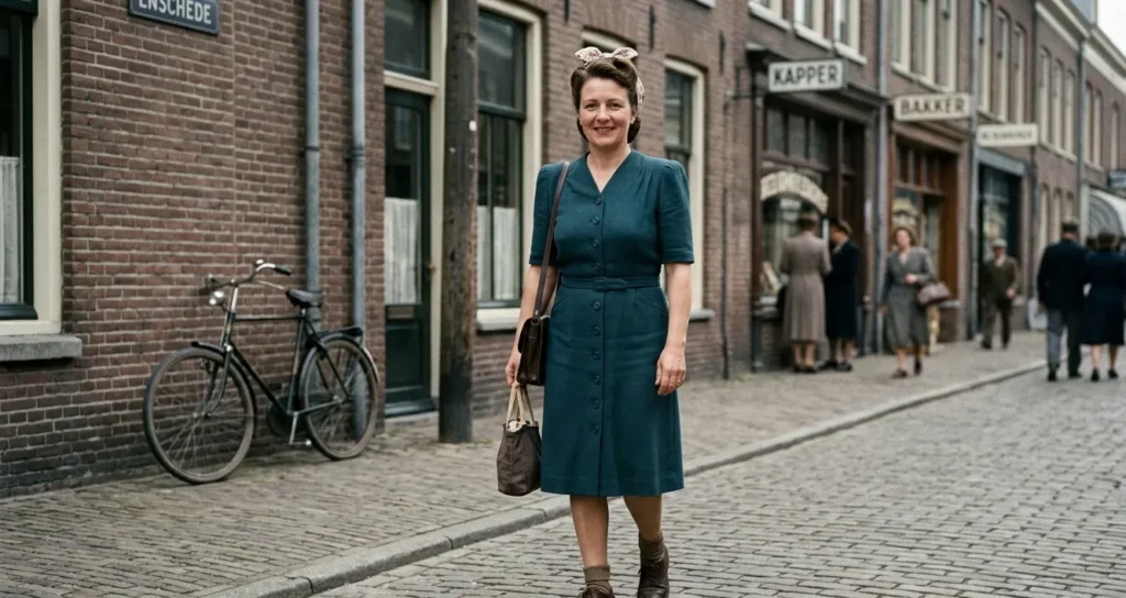 Vrouw in eenvoudige jaren 40 jurk met haarband en praktische vintage stijl.