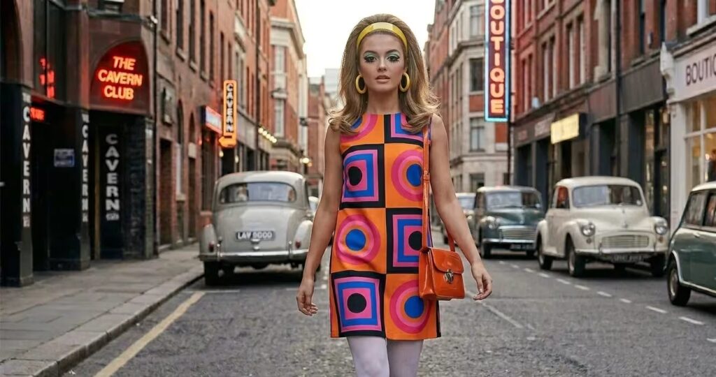 Vrouw in kleurrijke mini jurk jaren 60 midden decennium