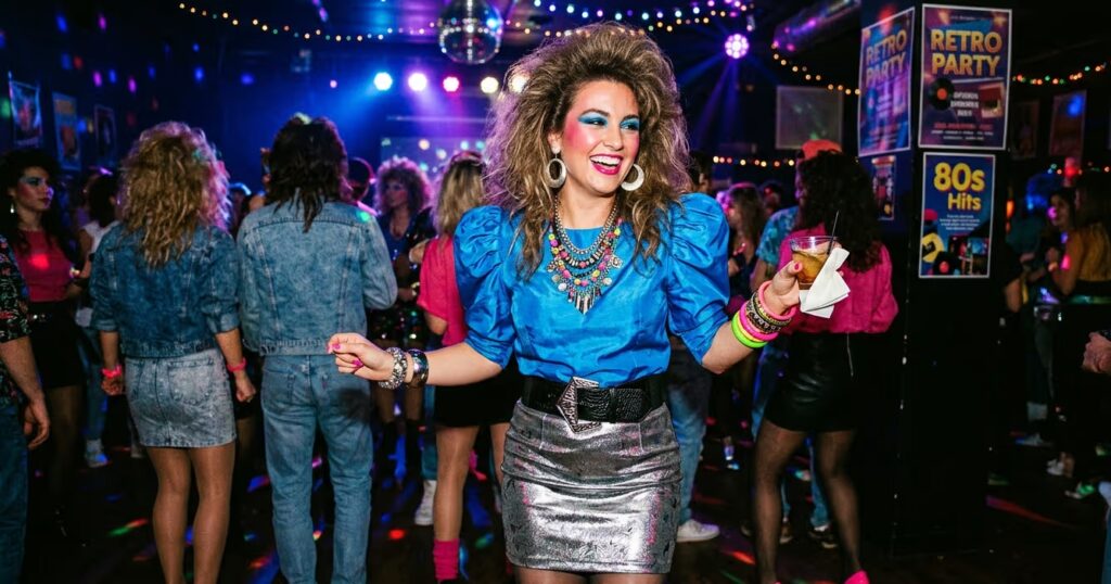 Vrouw op midden jaren 80 80s party draagt metallic minirok, neon top met pofmouwen, volumineus haar en opvallende sieraden.