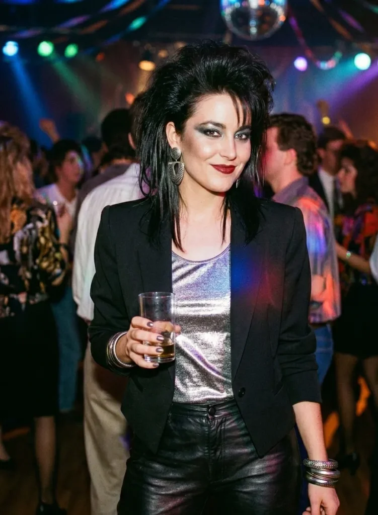 Vrouw in leren broek en metallic top op een late jaren 80 feest met glam rock uitstraling en donkere make-up.