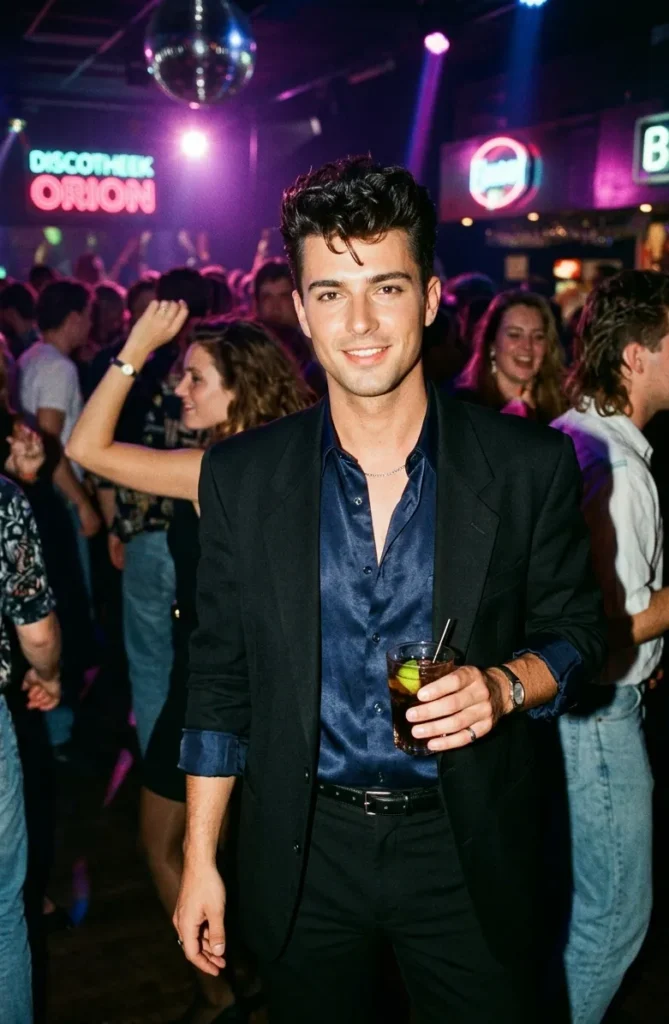 Man in donker overhemd, strakke zwarte broek en blazer op een jaren 80 feest met verzorgd haar en elegante uitstraling.