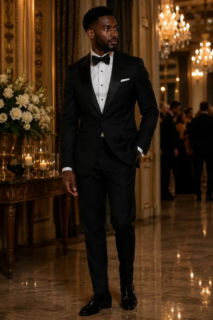 black tie thema man in zwart pak met zwarte vlinderdas en witte bloes