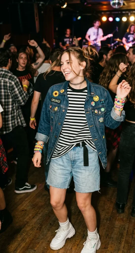 Vrouw in oversized T-shirt, denim jack en jeansshort tijdens een vrolijk midden jaren 90 feest met dance sfeer.
