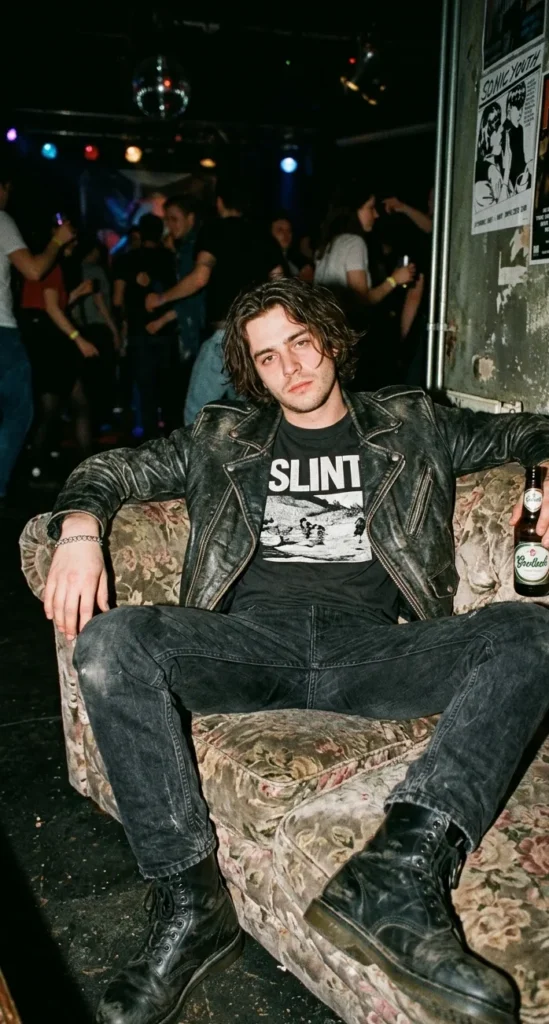 Man in zwarte leren jas, bandshirt en boots op een donker alternatief jaren 90 feest.