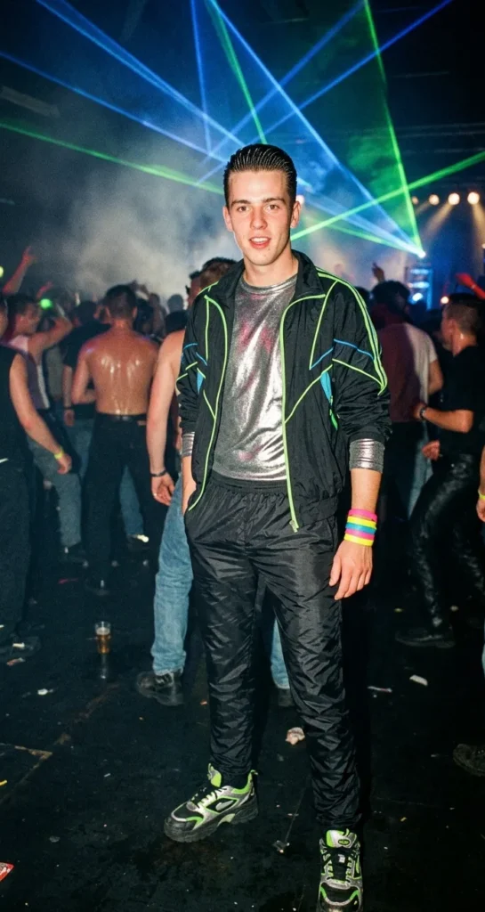 Man in metallic shirt en sportief jack onder neonlichten tijdens een futuristisch midden jaren 90 dancefeest.