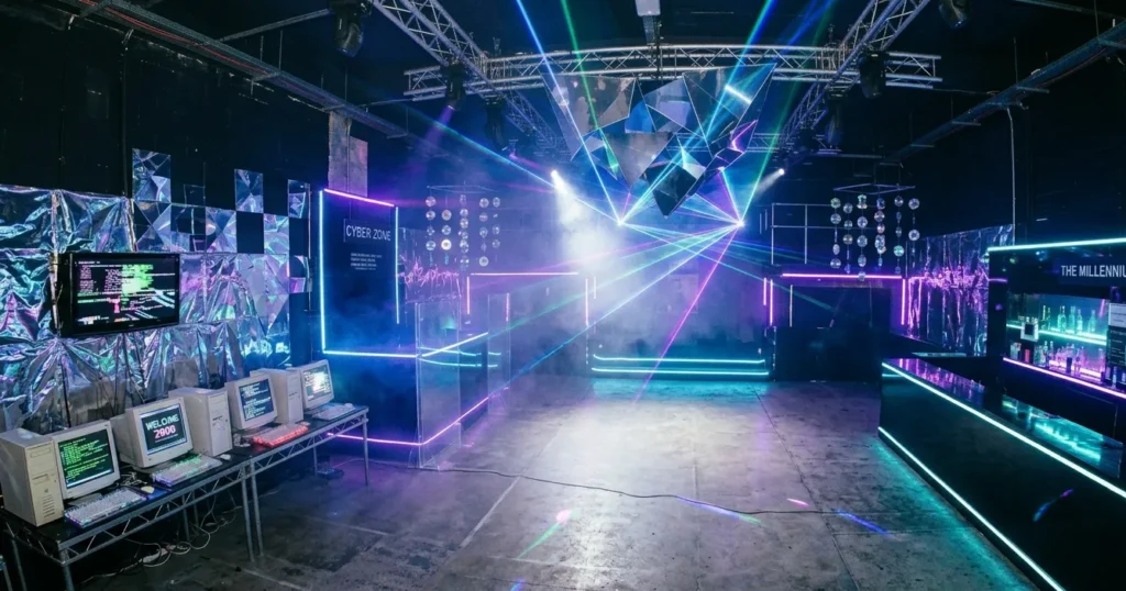 Strakke clubruimte met lasers, spiegelpanelen en metallic decoratie tijdens een eind jaren 90 feest.