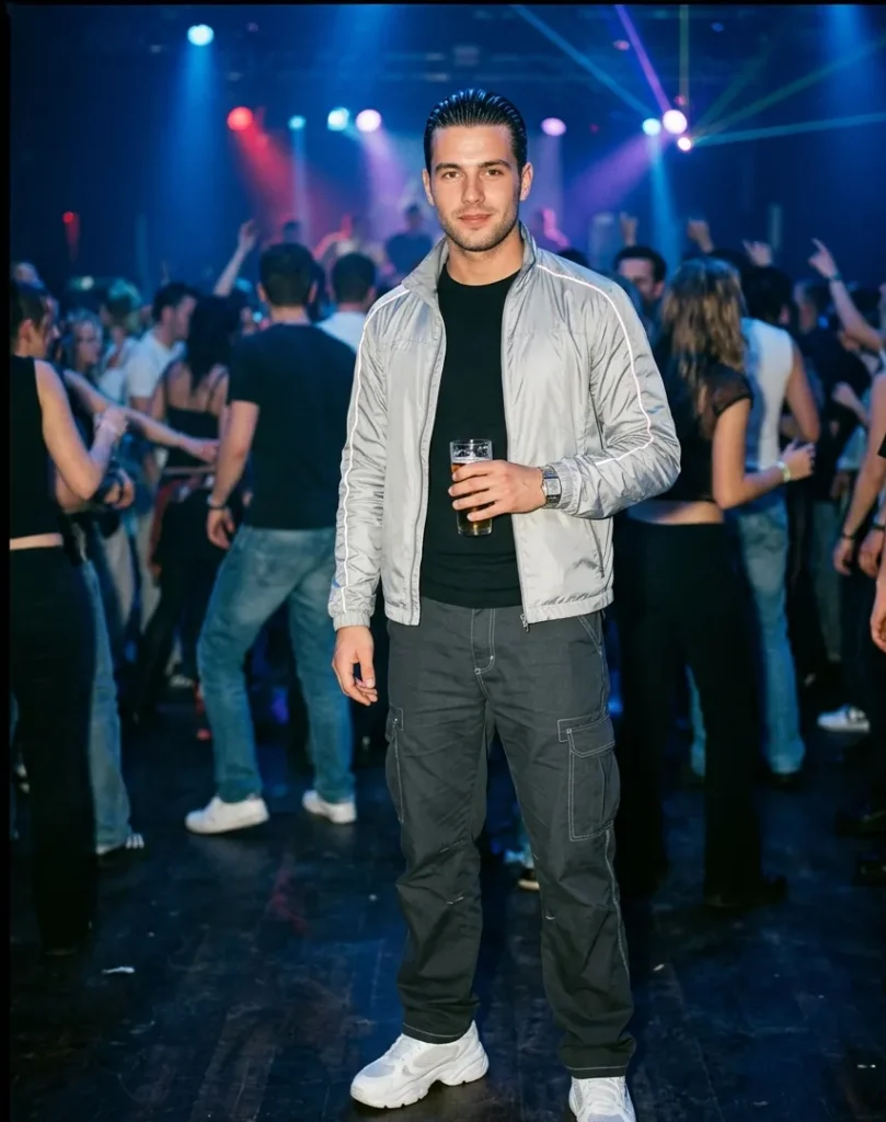 Man in zilverkleurig nylon jack en cargobroek tijdens een futuristisch eind jaren 90 feest met neonverlichting.