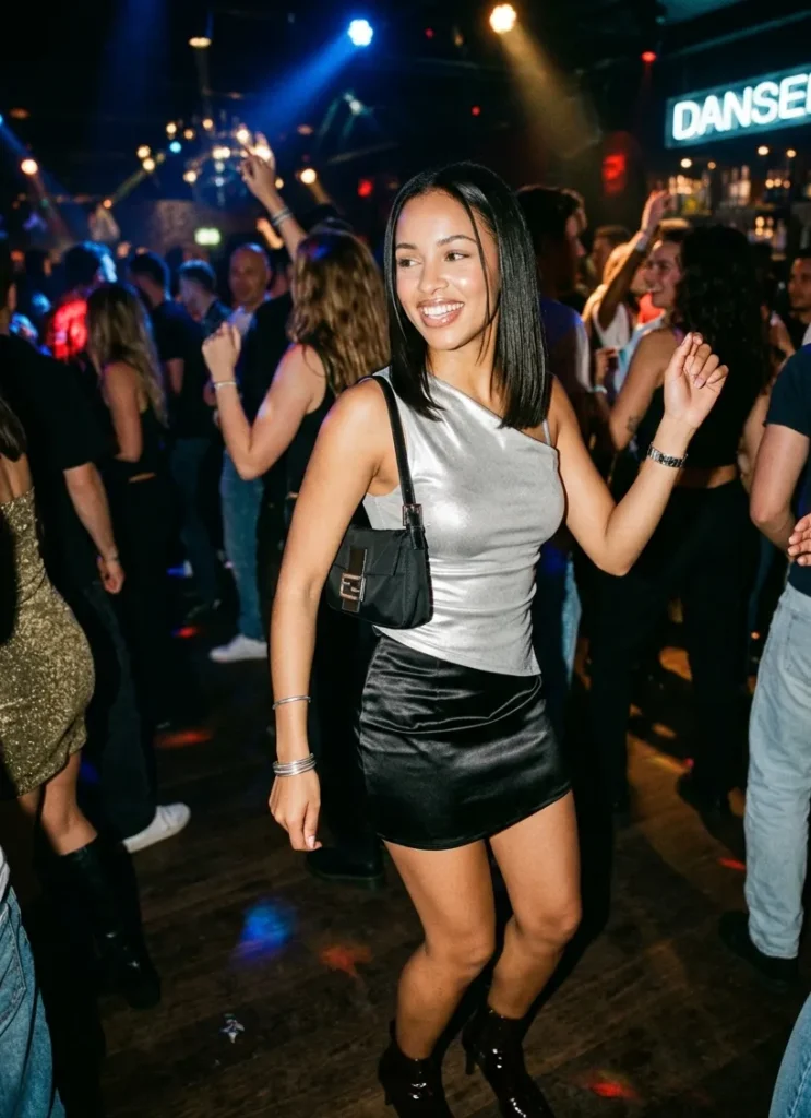 Vrouw in satijnen minirok en asymmetrische top tijdens een glamoureus eind jaren 90 feest met glossy clubstijl.