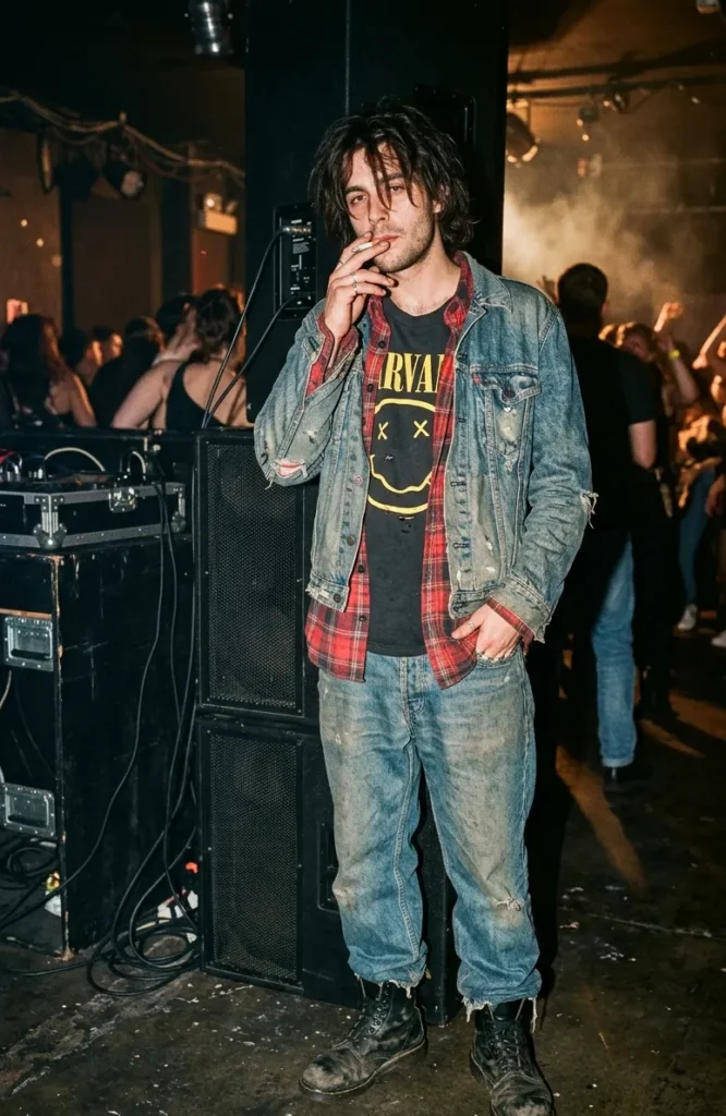 Man in flanellen overhemd, bandshirt en versleten jeans op een donker jaren 90 feest met grunge en rock sfeer.