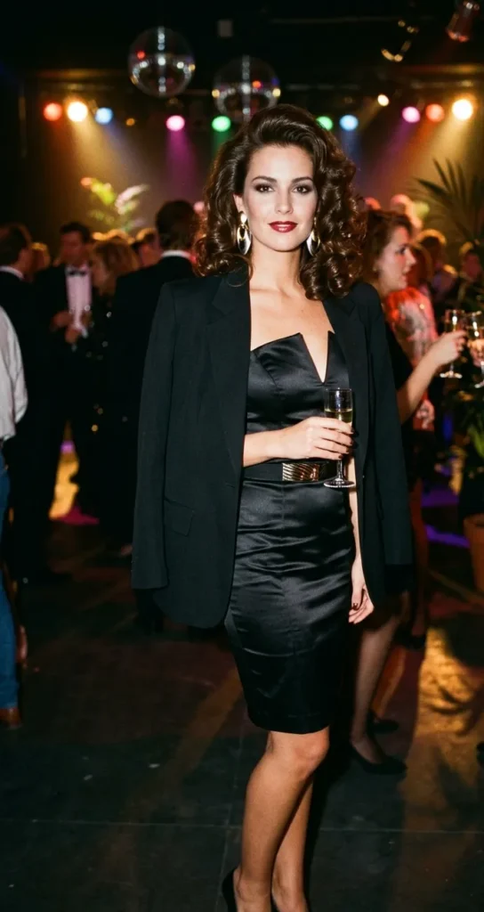 Vrouw op een late jaren 80 feest in glanzende zwarte jurk en blazer met volumineuze krullen en donkere glamour make-up.