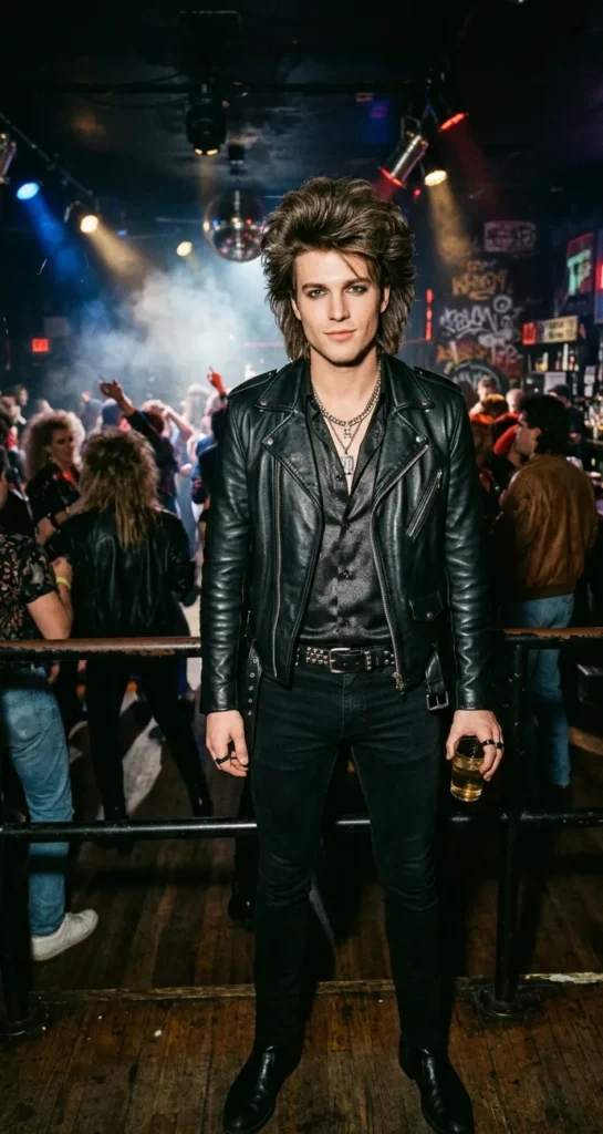 Man op een late jaren 80 feest in zwart leren jack, smalle broek en donker overhemd met volumineus haar en subtiele make-up.