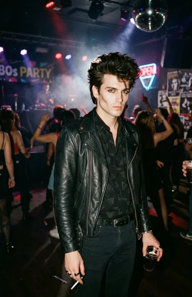 Man op een late jaren 80 feest in zwart overhemd met patroon, leren jack en smalle broek met gestyled haar en donkere make-up.