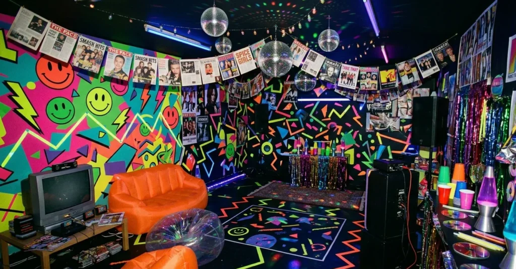 Felgekleurde feestzaal met neon, smileys, discoballen en retro games tijdens een midden jaren 90 90s feest.