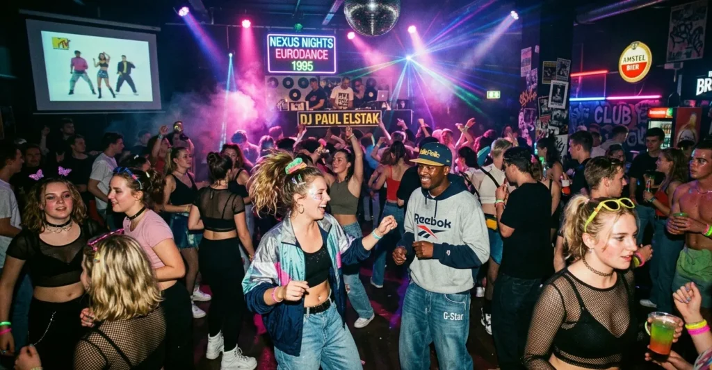 Drukke dansvloer tijdens een jaren 90 feest met neonlichten, eurodance sfeer, kleurrijke outfits en mensen die dansen in een club vol MTV-invloeden.