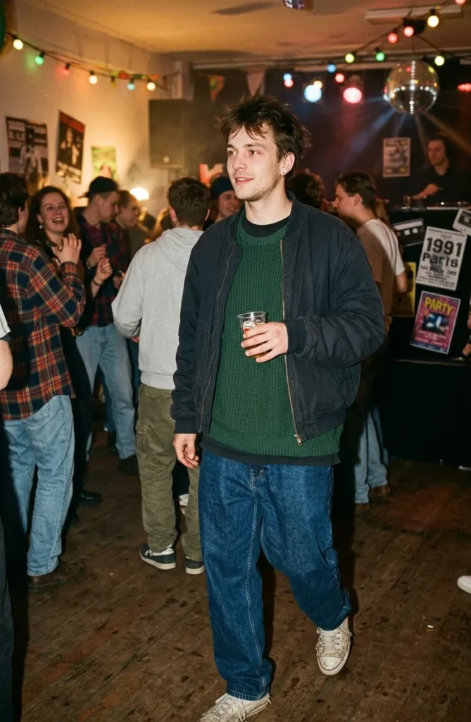 Man in oversized trui, simpele jeans en sneakers op een rustig jaren 90 feest met minimalistische stijl.