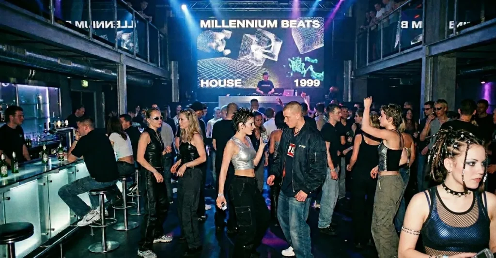 Strakke nachtclub uit eind jaren 90 met minimalistische streetwear, blauwe verlichting, elektronische muziek en een futuristische jaren 90 feest sfeer.