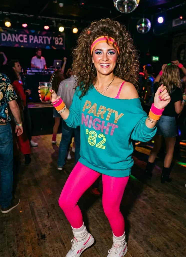 Vrouw op een jaren 80 feest in neon legging, oversized trui en zweetbandjes met volumineus haar en felle make-up.