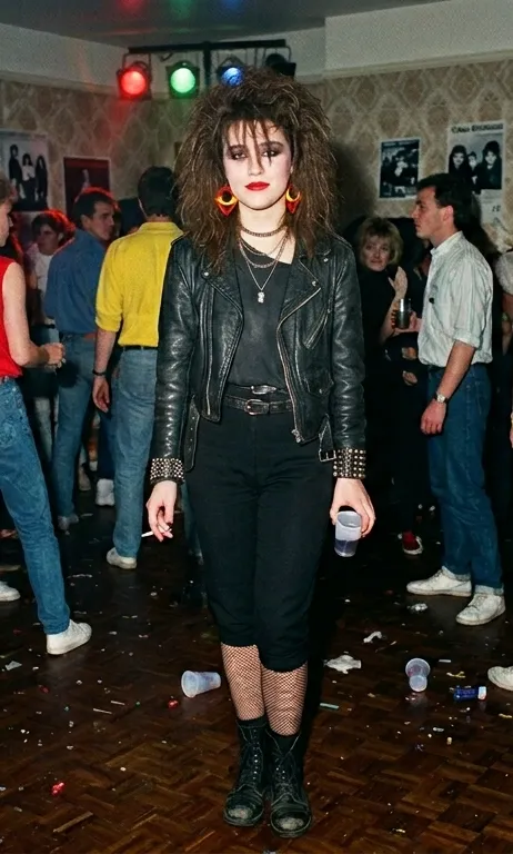Vrouw in oversized one-shoulder top, smalle broek en leren jack op een jaren 80 feestje met groot getoupeerd haar.