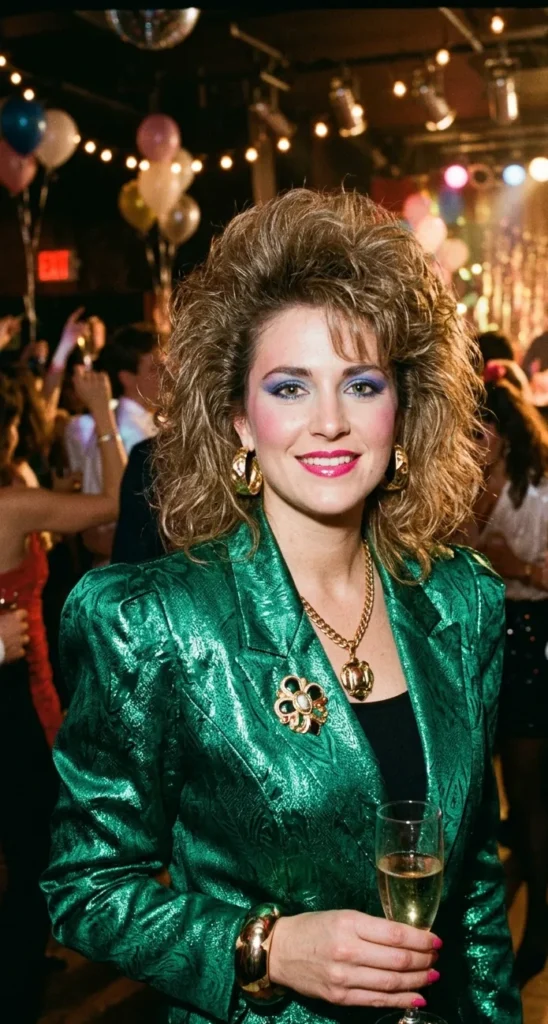 Vrouw op een jaren 80 feest in blazer met schoudervullingen, brede riem en opvallende sieraden met volumineus haar.