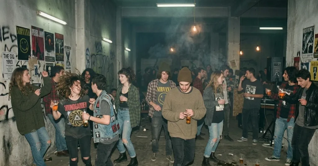Donkere underground loods tijdens een jaren 90 feest met mensen in flanellen overhemden, bandshirts en Dr. Martens, omringd door rook, posters en grunge sfeer.