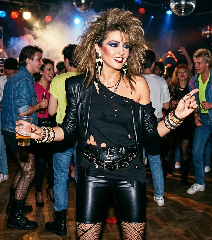 Vrouw op een begin jaren 80 feest in leren legging, asymmetrische top en netpanty’s met volumineus getoupeerd haar en opvallende make-up.