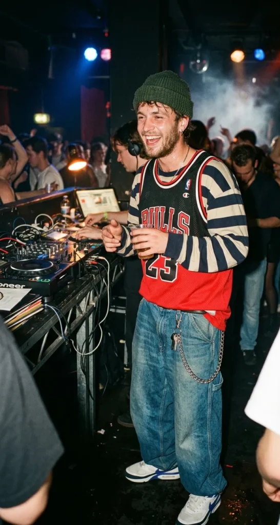 Man in oversized basketbalshirt, wijde jeans en sneakers tijdens een midden jaren 90 feest met hiphop en streetwear invloeden.