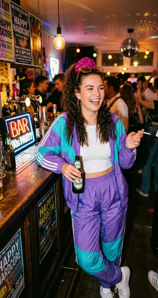 Vrouw in glanzend trainingspak en crop top tijdens een midden jaren 90 feest met kleurrijke streetstyle en dance sfeer.