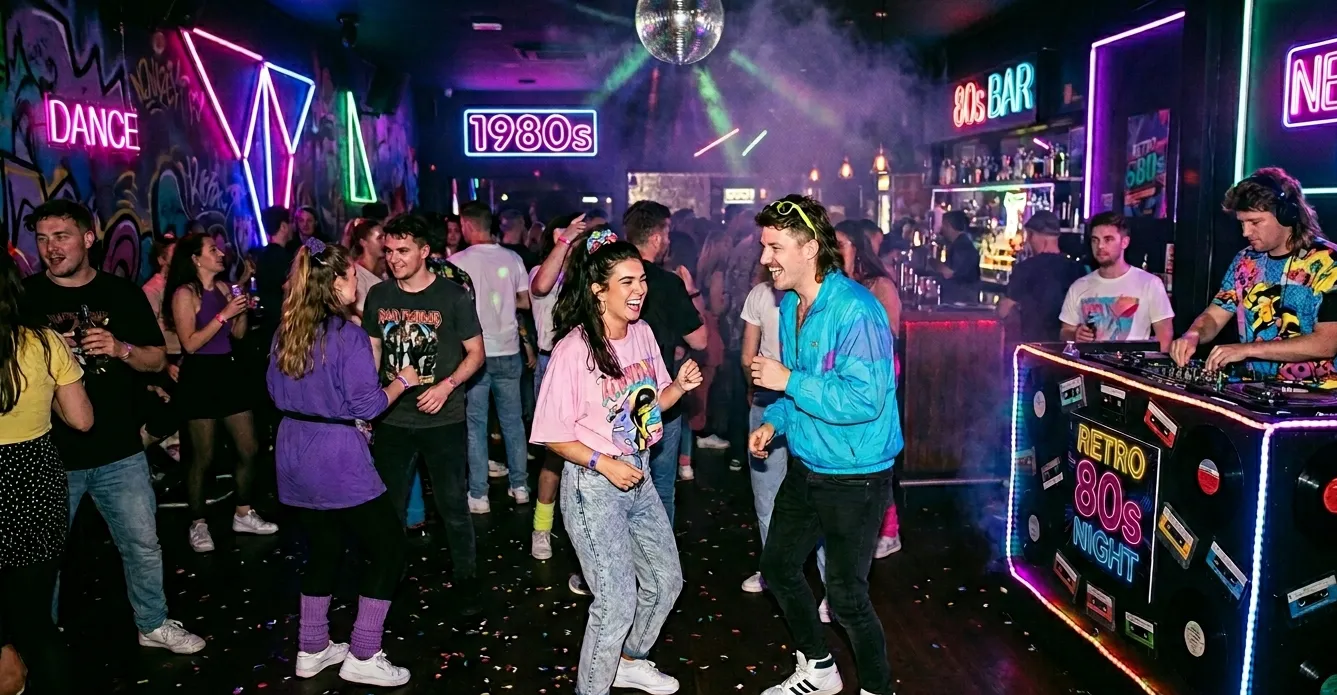 Druk en sfeervol jaren 80 themafeest met dansende en lachende mensen waarbij een goede themafeest checklist zorgt voor perfecte sfeer en beleving.