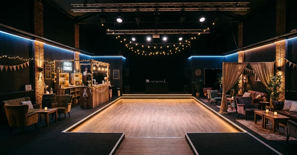 Lege feestlocatie ingericht met dansvloer en bar als voorbereiding op themafeest organiseren met behulp van een themafeest checklist.