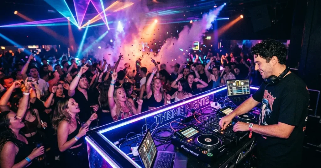 DJ draait muziek op een druk themafeest terwijl gasten dansen en de sfeer wordt bepaald door een goede themafeest checklist.