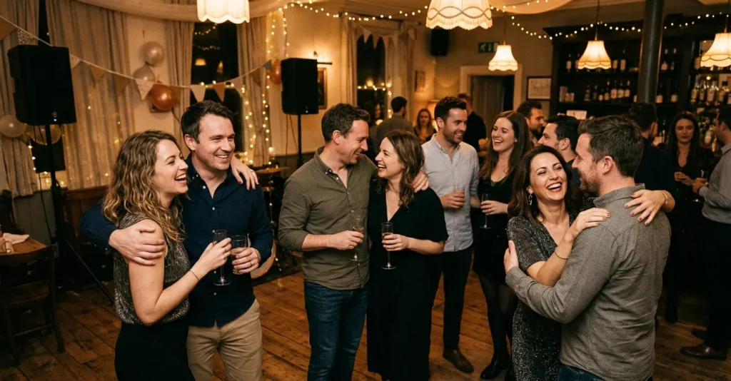 Groep vrienden die samen geniet en proost op het einde van een themafeest met sterke sfeer volgens themafeest checklist.
