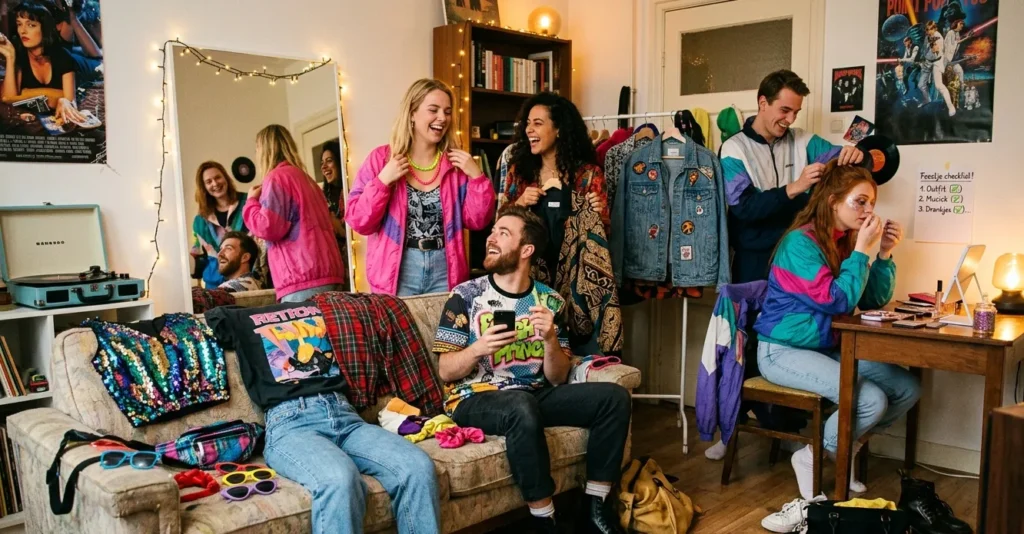 Mensen bereiden zich voor op een themafeest met outfits en accessoires volgens themafeest checklist en themafeest organiseren.