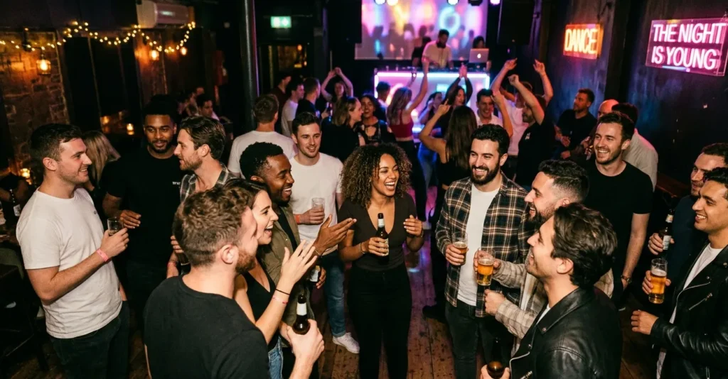 Gezellig themafeest met mensen die lachen en praten waarbij sfeer belangrijker is dan decoratie tijdens een themafeest organiseren.