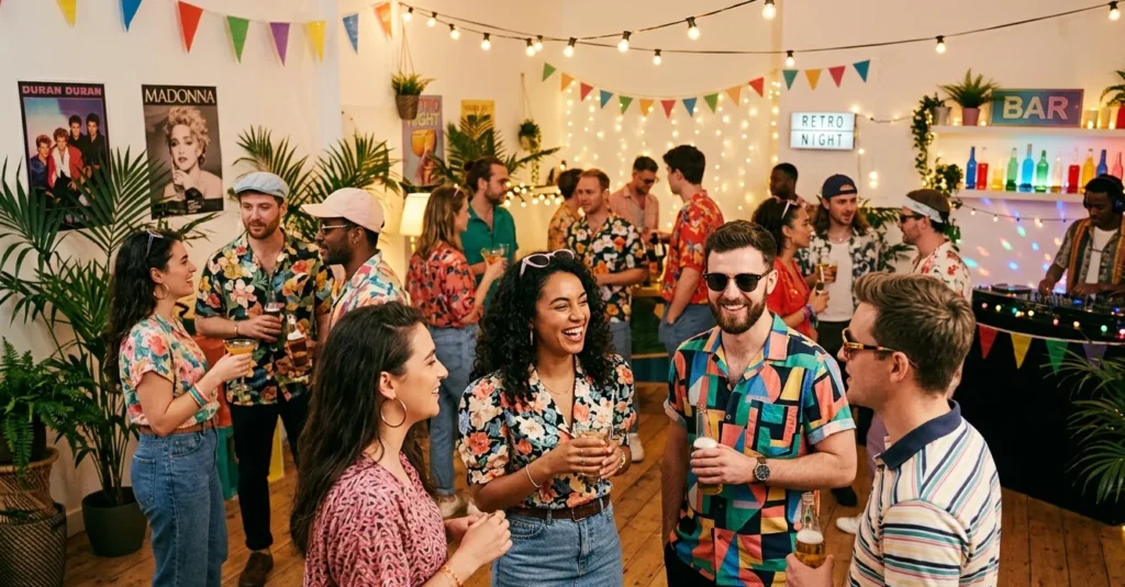 Toegankelijk themafeest met simpele outfits en ontspannen sfeer tijdens themafeest organiseren.