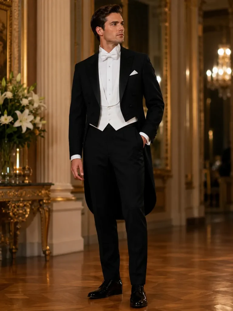 White tie thema man in deftig zwart pak met witte stropdas en smoking jas