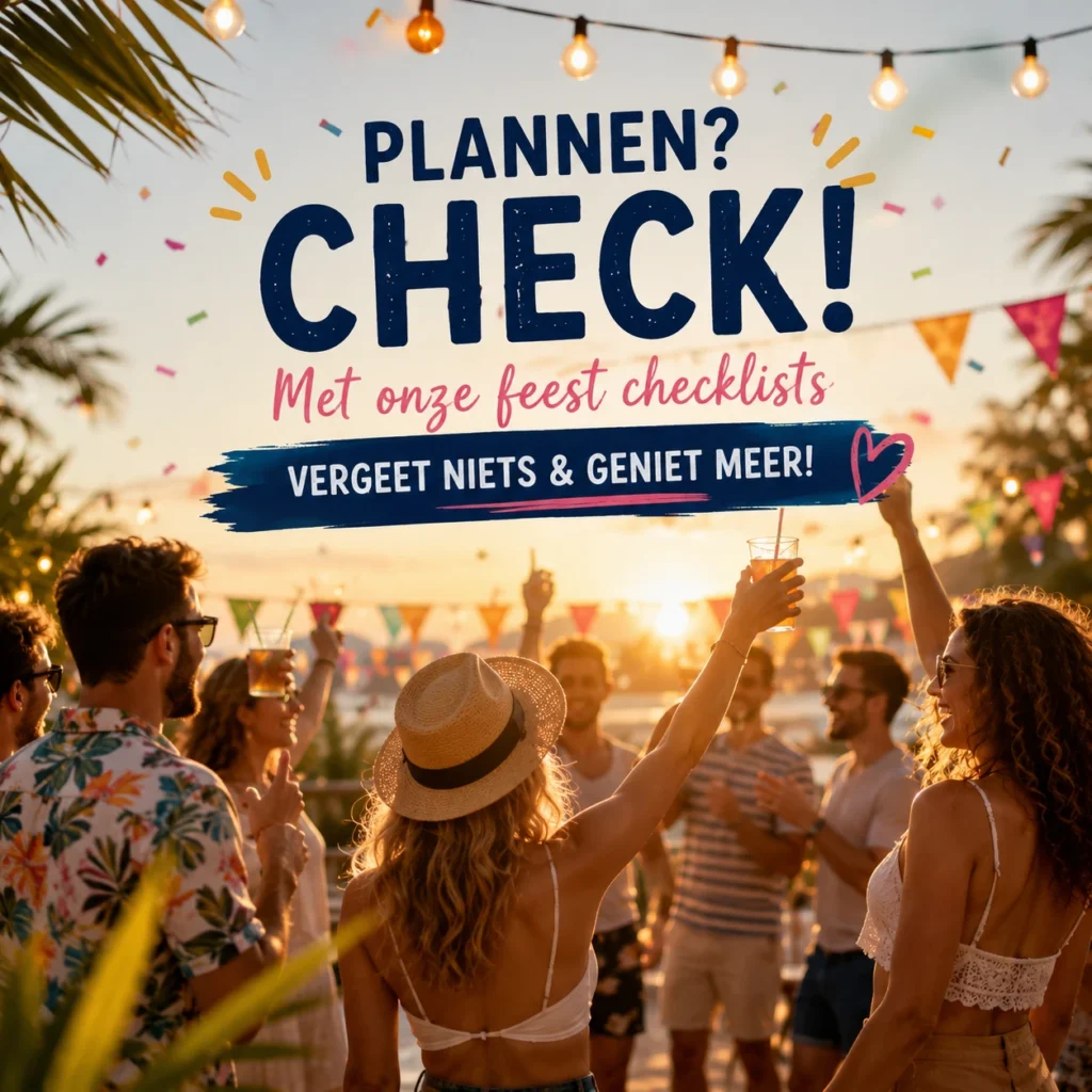 Vriendengroep geniet van een zomerfeest tijdens zonsondergang met de gratis feest checklisten van PartyBlueprint.
